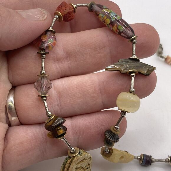 Vintage Carved, Scarab & Art Glass Beaded Silver Toned Necklace Fetish Stone - Picture 3 of 7